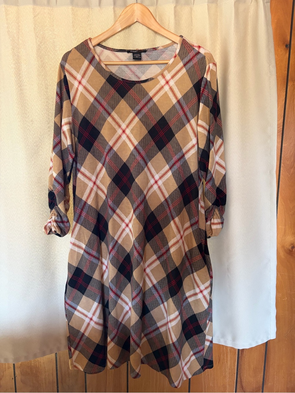 Robert Louis Plaid Midi Dress in Tan, Black and Cream